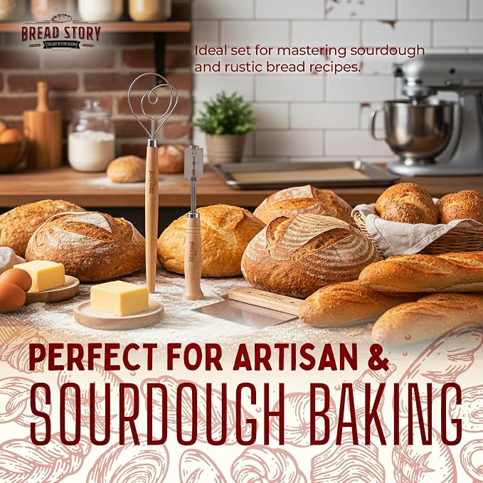 Danish Dough Whisk Set – Wooden Scraper & Lame Scoring Tool | Sourdough Whisk & Mixing Tool Kit | Bread Utensils for Homemade Bread, Pizza, Pastry | Stainless Steel & Wood