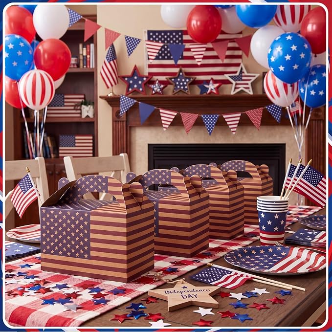 Colarr 48 Pcs 4th of July Treat Boxes Patriotic American Flag Prints Goodie Boxes with Handles 250th Anniversary Kraft Paper Cookie Box Candy Party Favor Box for Independence Day Celebration