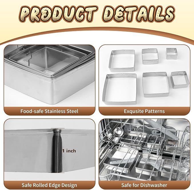 6 Pcs Square Cookie Cutter Set, 6 Sizes Cookie Stainless Steel Cutters, Square Biscuit Stainless Steel Cutter for Home Baking, Party Favors