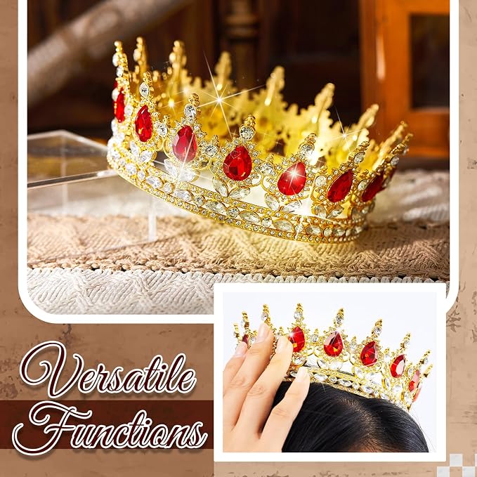 8 Pcs Red and Gold Queen Crown Cake Topper, Happy Birthday Cake Toppers Foam Balls Rhinestone Crystal Tiara Wedding Decoration for Princess Party Photo Props for Women Princess