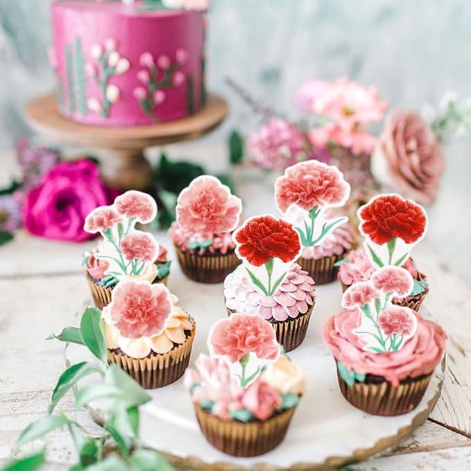 50Pcs Edible Carnation Cupcake Toppers Edible Pink Red Carnations Flower Cupcake Picks for Floral Women Birthday Cupcake Picks Anniversary Party Decorations Floral Mother's Day Cupcake Decorations