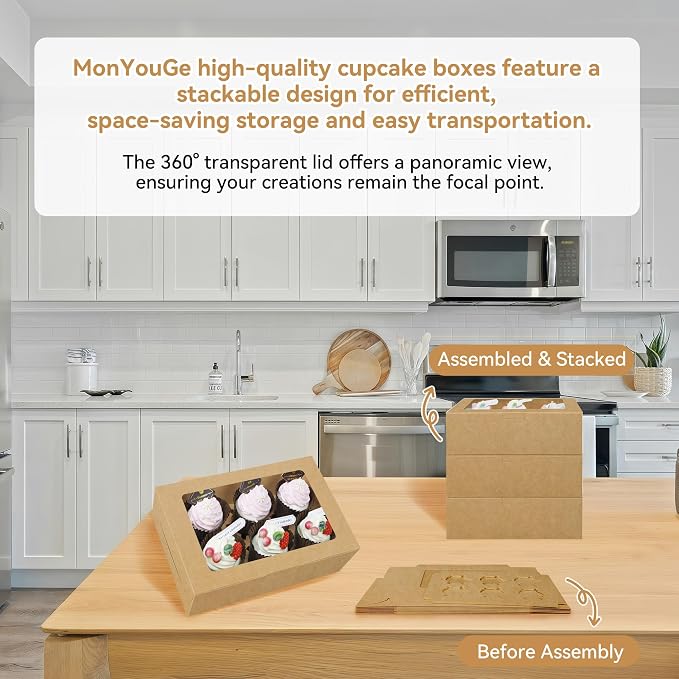 30-Set Cupcake Boxes Bulk with Clear Display Window Hold 6 Standard Cupcakes, Disposable Food Grade Brown Cupcake Carrier Cupcake Container, Perfect for Cupcakes Muffins Cookies Pastries