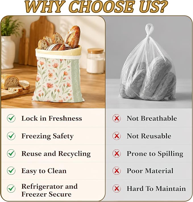 2 Pack Reusable Beeswax Peach Flower Bread Bags, Sourdough Bread Sage Leaf Storage for Homemade, Freezer Storage Bag to Keep Fresh, Baguette Bag with Beeswax Liner Kitchen Baking