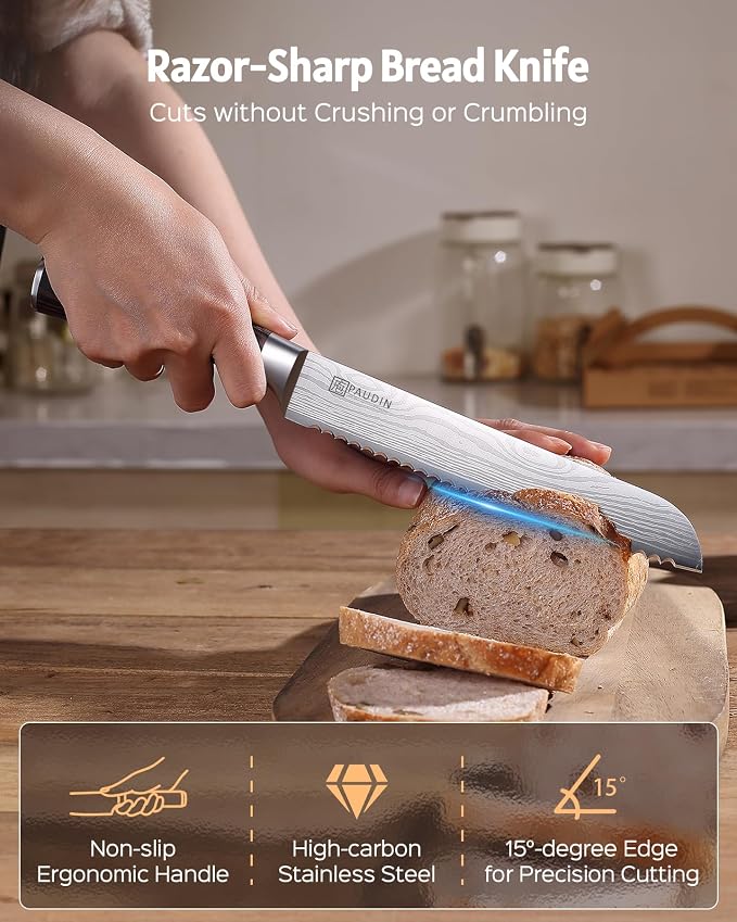 PAUDIN Bread Knife 8", Ultra Sharp Wave Edge - Forged Premium German HC Stainless Steel, Serrated Bread Knife for Homemade Bread and Sourdough Bread, Pakkawood Handle