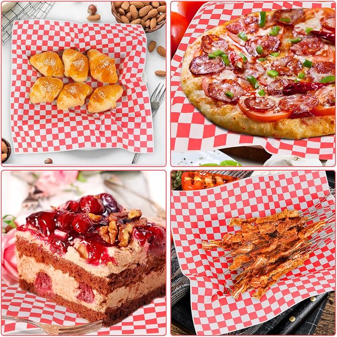 100pcs Deli Paper Sheets 12x12", Premium Food Basket Liners, Grease Resistant Wax Paper Sheets for Food, Classic Checkered Sandwich Wrapping Paper for Party, Festival and Outdoors, JIRNGLA