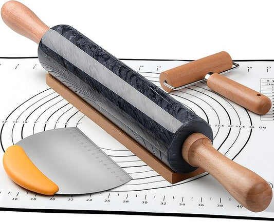 18.5 inches Marble Rolling Pin,Large Non-Stick Dough Roller,for making pizza, cookies,pie crusts, and pasta.with Silicone Pastry Mat,Stainless Steel Scraper,and Small Wooden Roller Pin(Black)