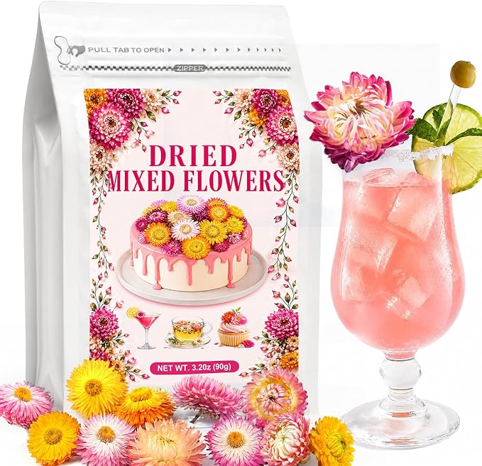 130+ Edible Dried Mixed Flowers for Cake Decorations - Food Grade Natural Color Strawflower, Dried Flower for Drink Toppers, Cocktail Garnish, Cupcakes & DIY Crafts
