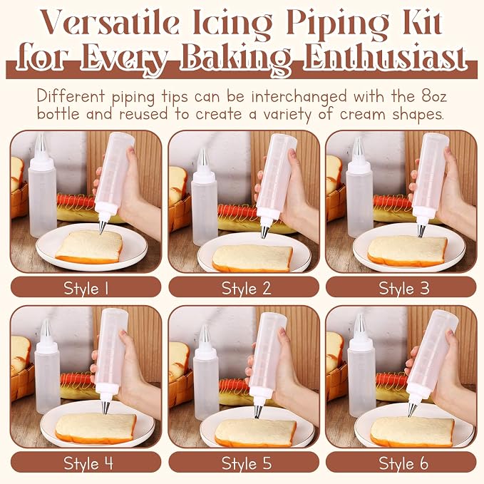 LemonRoad 4 Pcs Piping Bottles for Icing Cookie Decorating Supplies Plastic Squeeze Bottles with 6 Different Piping Tips for Cookie Icing Kit Pancake Squeezing Applicator Writer(8 Oz，4 oz)