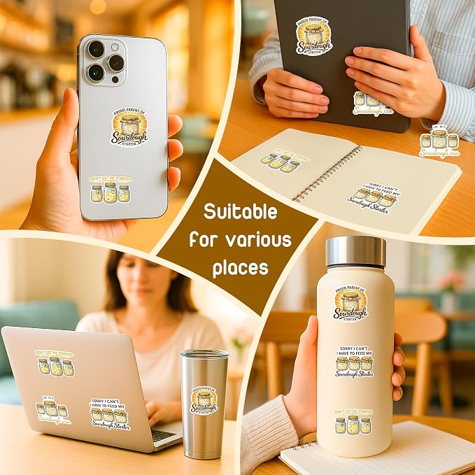 (4 Pcs) Funny Sourdough Stickers – Waterproof UV DTF Vinyl Sourdough Stickers, Funny Baking Stickers, Bread Stickers for Water Bottles, Laptop & Packaging, Sourdough Bread Stickers for Bakers, Kitchen