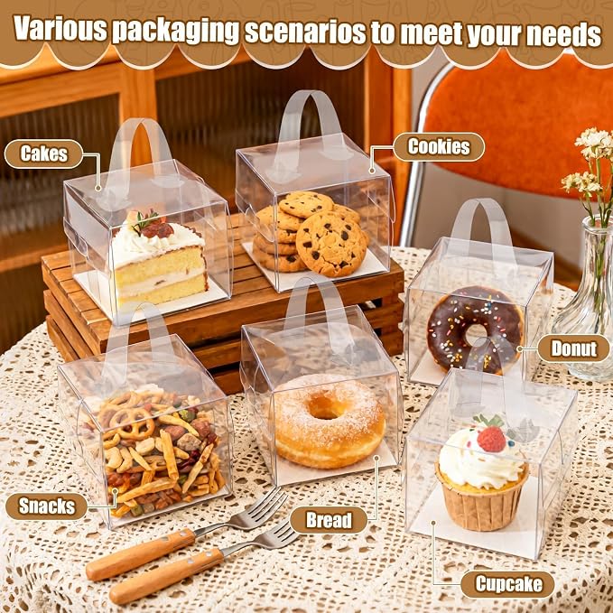 6PCS 6x6x5Inch Clear Cake Boxes - RAINFLOW Mini Clear Gift Box with Portable Carry Handle & Boards,Transparent Treat Boxes Hold Cake,Donut,Pastries,Cookies for Wedding, Birthday, Christmas, Party