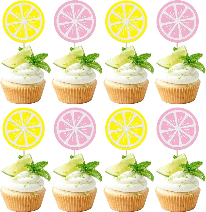 Rsstarxi 24 Pack Lemon Cupcake Toppers Glitter Fruit Theme Lemonade Cupcake Picks for Lemon Theme Baby Shower Boys Girls Birthday Main Squeeze Party Cake Decorations Supplies