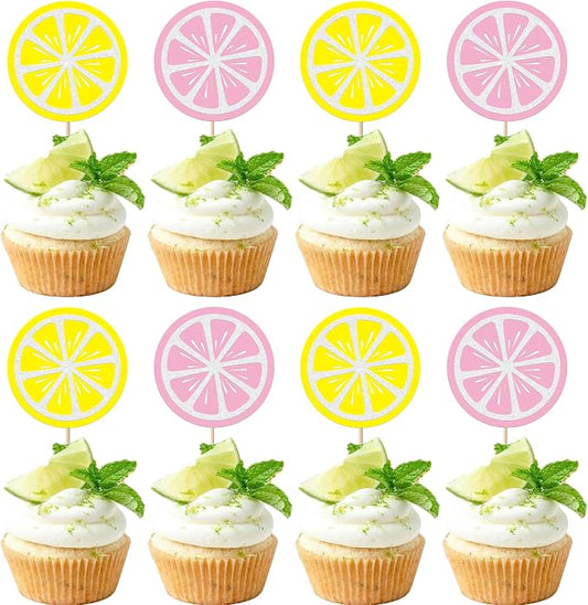 Rsstarxi 24 Pack Lemon Cupcake Toppers Glitter Fruit Theme Lemonade Cupcake Picks for Lemon Theme Baby Shower Boys Girls Birthday Main Squeeze Party Cake Decorations Supplies