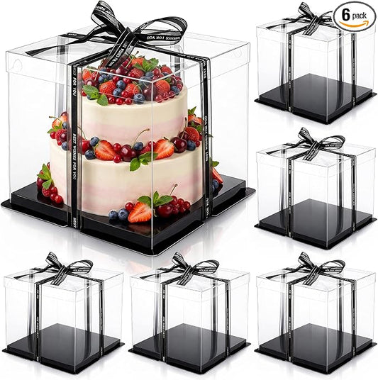 Cididu 6 Pack Clear Cake Box with Ribbon, 2-Layer Tall Cake Carrier Box, Packaging Boxes 10x10x9 Inch, PET Clear Gift Box with Lid, Transparent Cake Containers for Mother's Day Birthday Party Wedding
