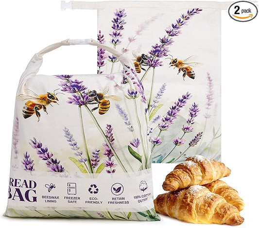 Beeswax Bread Bag for Sourdough & Homemade Bread – 2 Pack Reusable Organic Cotton Wax Bread Bags, Large Food Storage Bag for Baguettes, Bakery Loaves.