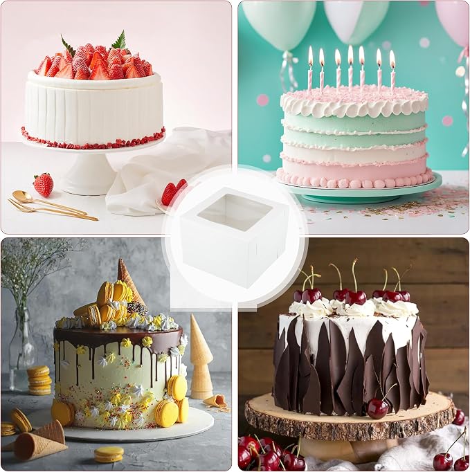 Large Baking Boxes,Set of 10 12x12x8 Inch with Window and 10 Cake Boards,Stikers and Ribbon,Square Cardboard Cake Boxes for Multi-Layer Cakes