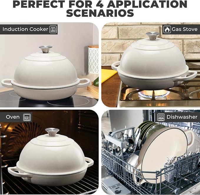 Cast Iron Bread Oven for Sourdough, 6Qt Bread Baking Pan with Lid, Enameled Sourdough Dutch Oven for Bread Baking, Oven Safe up to 482℉, White