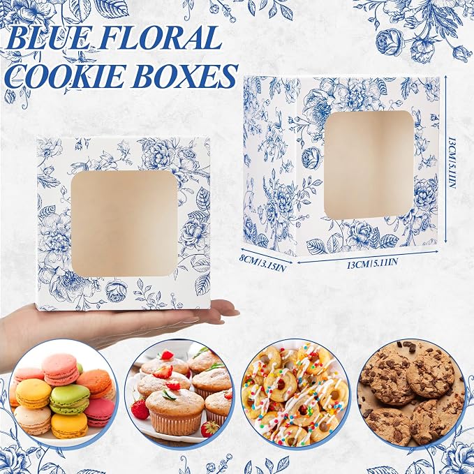 50 Pack Blue Floral Cookie Boxes with Window, Chinoiserie Small Bakery Treat Boxes for Pastry Donuts Macaroon Cupcakes, Wedding Bridal Shower Birthday Tea Party Baby Shower Favors