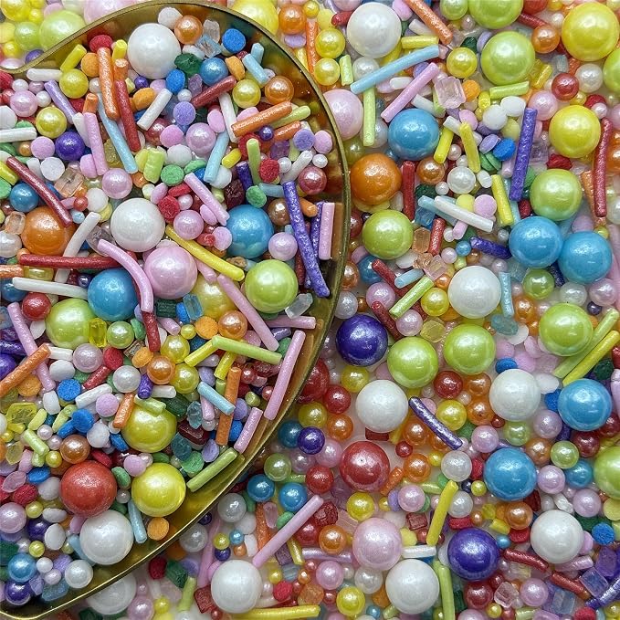 CandiJumpin Rainbow Pearl Sprinkles, Edible Pearls and Jimmies Mix Rainbow Sprinkles Crunchy Jimmies Edible Pearls for Cake Decorating Pearl Decoration for Baking Baby Shower Party Birthday Wedding Christmas Supplies 3 OZ