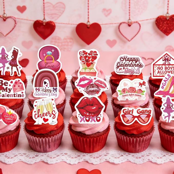 60PCS Edible Happy Galentine’s Day Cupcake Toppers Wafer Paper Girl Gang No Boys Allowed Cupcake Picks Be My Galentine Cake Decor for Girls Theme Single Party Decor Supplies