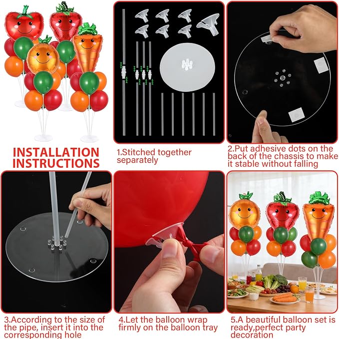 4 Sets Vegetable Fruit Party Balloons Stand Kit with Smiling Carrot Strawberry Foil Balloons Tables Centerpiece Smiling Orange Tomato Balloon for Vegetable Fruits Farmers Market Parties Decorations