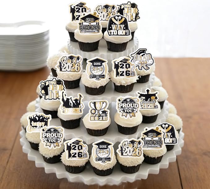60 PCS Edible 2026 Graduation Cupcake Toppers Diploma Congrats Grad Cap Cupcake Picks Edible Done You Did it Cake Decorations for Class of 2026 Graduation Theme Party Decorations Supplies Black Gold