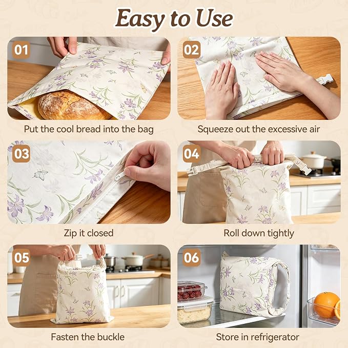 Beeswax Bread Bags for Sourdough, 2 pcs XL Zipper Reusable Bread Bags for Homemade Bread, Cotton and Linen Food Storage Bags for Bakery, Pantry, Long-Lasting Freshness (Purple Floral)