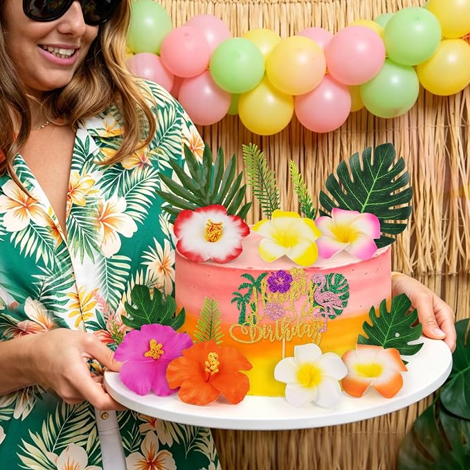 Hooqict 16Pcs Hawaiian Flower Cake Decorations Set with Palm Leaves Tropical Flowers Cake Toppers for Summer Hawaii Luau Beach Themed Birthday Party Decorations Supplies