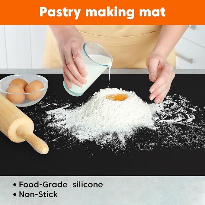 Large Silicone Mats for Kitchen Counter, 16" x 72" Heat Resistant mat, Food-Grade Silicone Pastry mat, Multi-Purpose Countertop Protector Mat, Skin-Friendly Surface,Freely Cuttable,Black