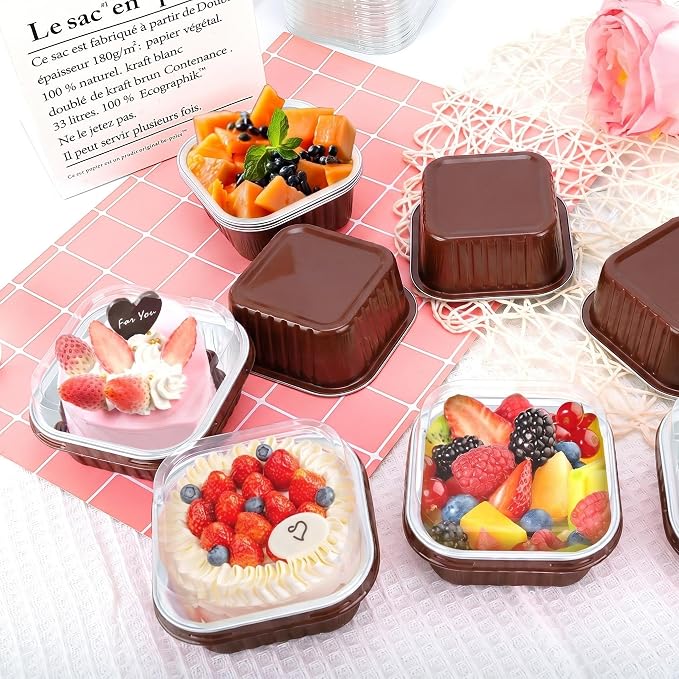 100Pack 5oz Brown Mini Cake Pans with Lids Baking Cups Aluminum Foil Pans Tins, Individual Dessert Cups Containers for Sales,Party,Picnics