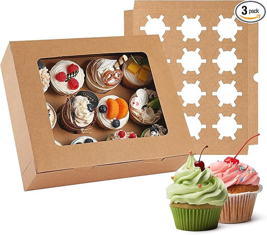 Moretoes 3 Pack Cupcake Boxes, Hold 12 Standard Cupcakes, Cupcake Containers with Window and Inserts,Bakery Supplies for for Cupcakes, Muffins and Pastries(Brown)
