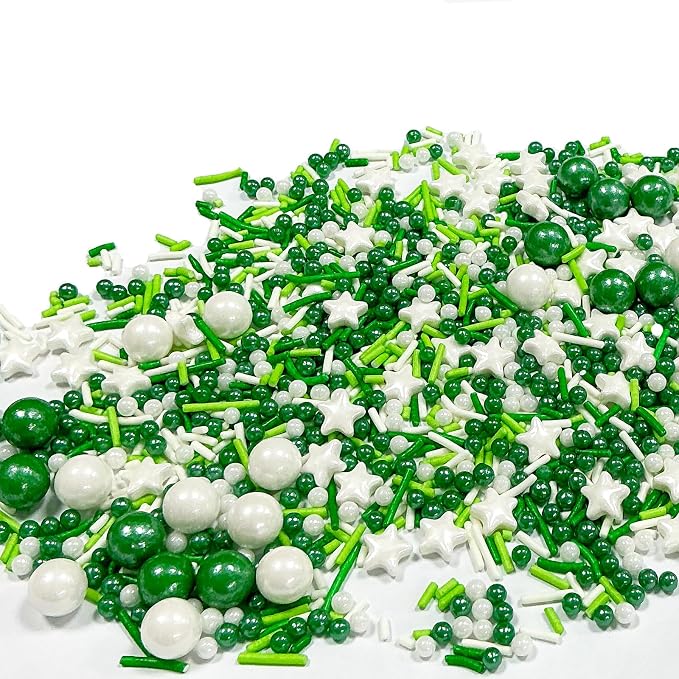 Green and White Pearl Jimmies Sprinkles for Cake Decorating Edible Star Sugar Pearls Patrick's Day Sprinkles Valentines Halloween Cake Cookie Cupcake and Cake Topper Decorations
