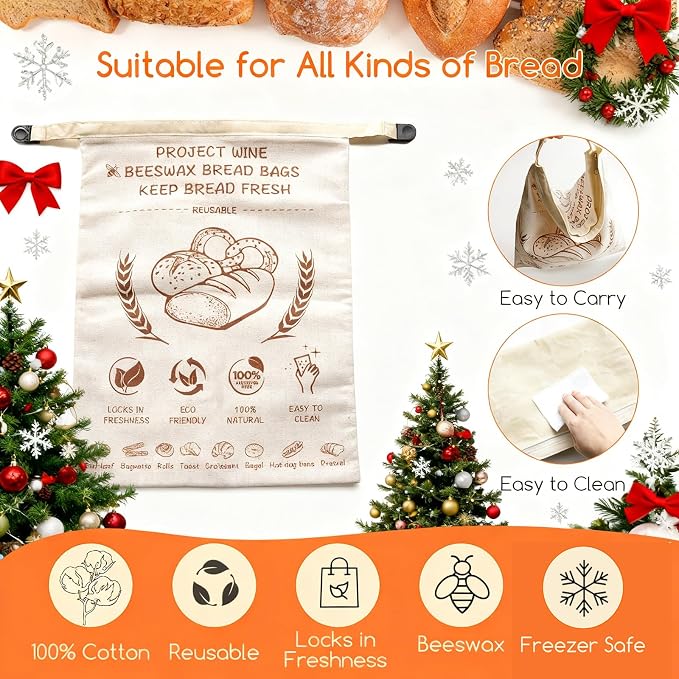 Beeswax Bread Bags for Sourdough & Homemade Bread - Reusable Natural Cotton Bees Wax Bags to Keep Bread Fresh, Refrigerable & Portable - XL 17x13 Inch Upgraded Large - Capacity Design（2 Pack ）