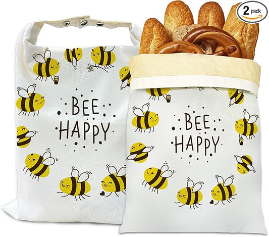 Beeswax Bread Bags, 2 Pack for Homemade Bread and Sourdough Storage | Bee Happy, Reusable Polyester Bread Storage With Beeswax Coating And Snap Closures