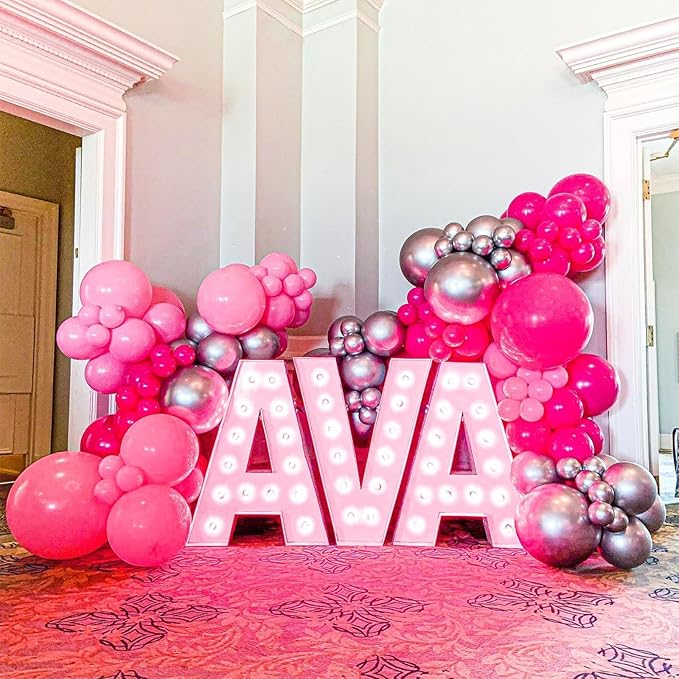 NISOCY Pink Balloons Garland Arch Kit, 18In 12In 10In 5In Different Size 124pcs Hot Pink Metallic Pink Balloons for Valentine's Day Wedding Baby Shower Princess Birthday Pink Party Decorations