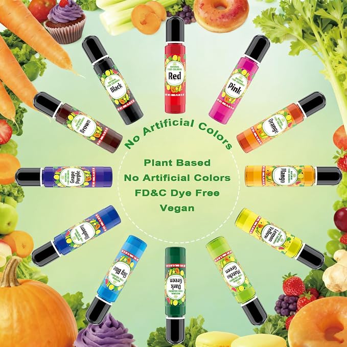 Natural Food Coloring Gel - 12 Colors FD&C & Artificial Dye Free Plant Based Food Coloring Liquid, Natural Food Dye for Baking, Frosting, Fondant, Cake Decorating - 0.35 fl.oz each