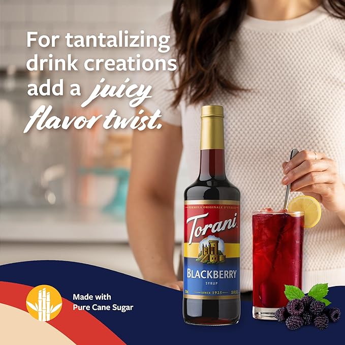 Torani Blackberry Syrup for Drinks, Flavoring for Iced Tea, Lemonade, and Sodas, Glass Bottle with Pump Included, 25.4 Fl Oz