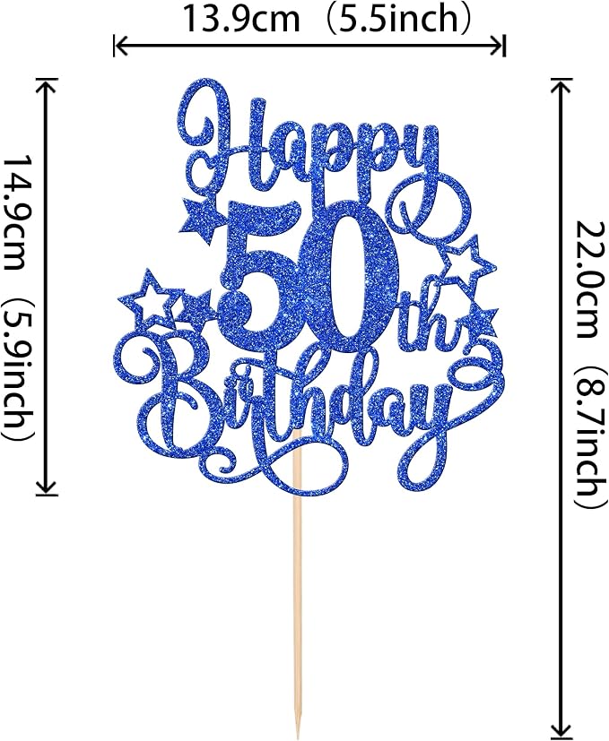 1 PCS Happy 50th Birthday Cake Topper Glitter Cheers to 50 Years Birthday Cake Pick Hello 50 Fabulous Cake Decoration for Happy 50th Birthday Anniversary Party Decorations Supplies Blue