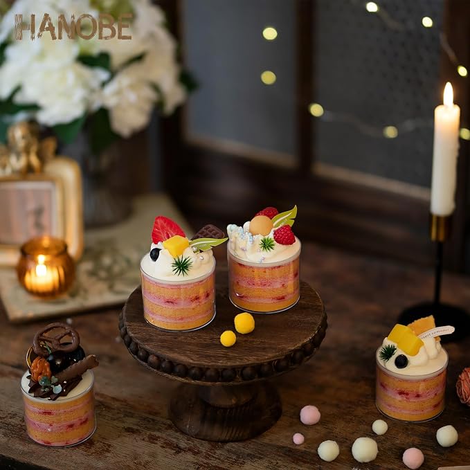 Hanobe Small Wood Cake Stand: Cupcake Pedestal Stand 8 inch Dessert Display Riser Distressed Rustic Round Cakes Holder Tray Vintage Beads Wooden Plate for Wedding Birthday Decor