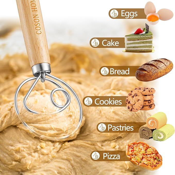 Pack of 2 Danish Dough Whisk, 13.5 Inch Stainless Steel Dough Blender for Sourdough Bread & Pastry, Wooden Handle Baking Mixing Tool for Batter, Pancake, Pizza – Easy to Clean