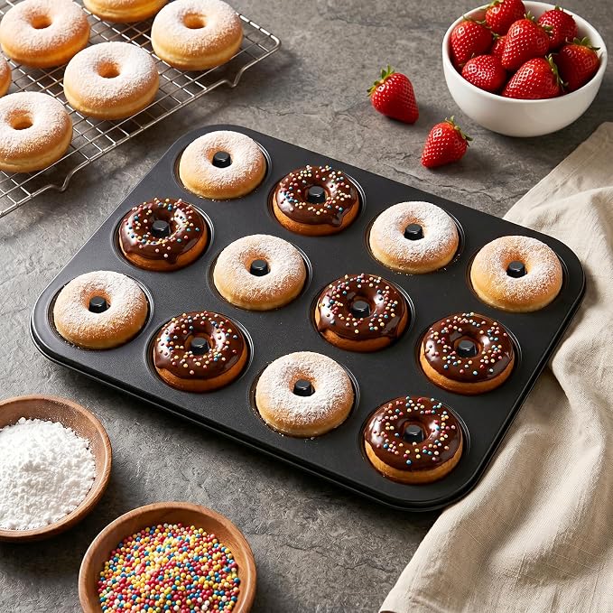 Lawei 2 Pack 12-Cavity Non-stick Donut Pan, Carbon Steel Donut Baking Pan for Muffin, Cake, Dessert, Mini Bagel Mold Donut Trays for Oven, Microwave, Freezer Safe