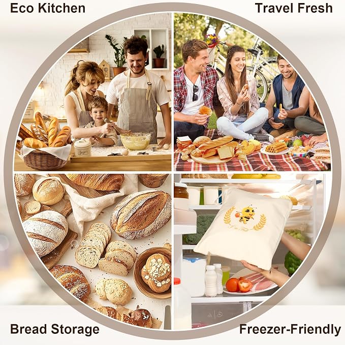 Beeswax Bread Bags, XL Reusable Linen Cotton Sourdough Bread Bag with Sealing Zip for Homemade Bread to Keep Fresh, 2 Pack