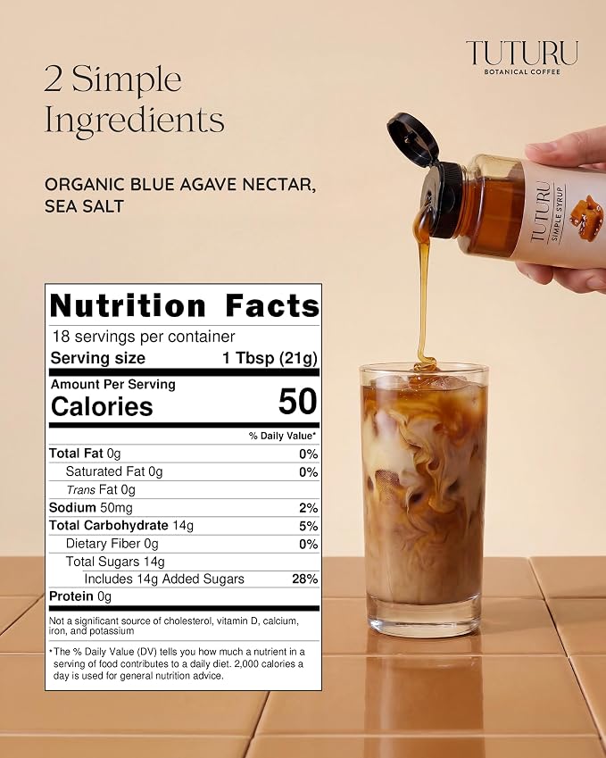 Caramel Agave Simple Syrup for Coffee & Cocktails - Sweetened with Organic Agave Nectar - Infused with Real Sea Salt - 13.5 oz