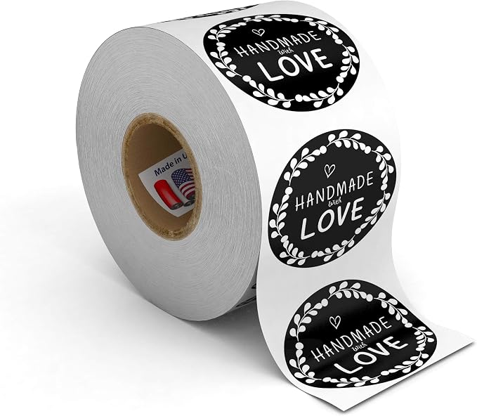 Kenco 1.5" Inch Handmade with Love Stickers, Made in The USA! for Envelopes, Boxes, Packaging and More - 500 Labels Per Roll (2 Pack 1,000 Stickers, Black TIE)