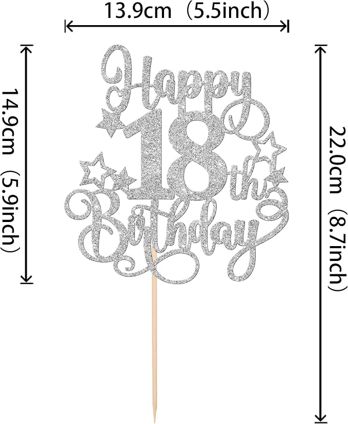 1 PCS Happy 18th Birthday Cake Topper Glitter Cheers to 18 Years Birthday Cake Pick Hello 18 Fabulous Cake Decoration for Happy 18th Birthday Anniversary Party Decorations Supplies Silver