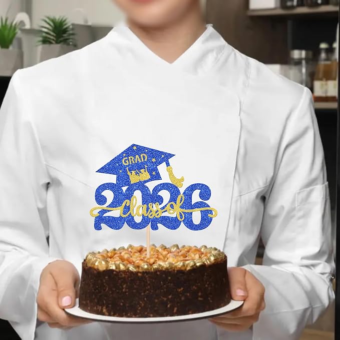 1 Pack Class of 2026 Cake Topper Glitter Congrats Grad Cap 2026 Graduation Cake Pick for 2026 Graduation Theme High School Graduate Party Cake Decorations Supplies Blue Gold
