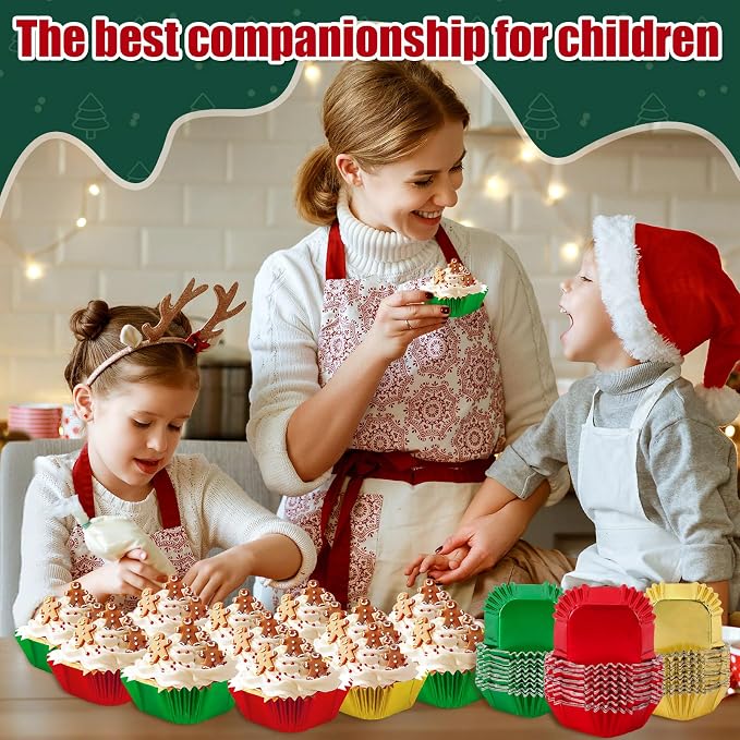 SANNIX 450Pcs Christmas Foil Metallic Cupcake Liner Baking Cups, Muffin Tins Treat Cups Foil Metallic Cupcake Liners for Christmas Party Birthdays Baby Showers, Standard Size (Red, Green, Gold)