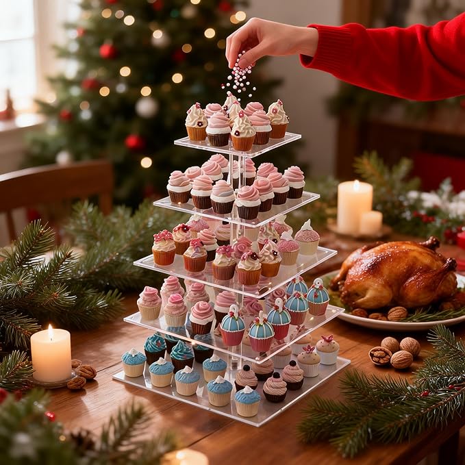 Cupcake Tower Stand, Acrylic 5 Tier Cupcake Display Stand, Cake and Cupcake Stand Combo Set, Bases para Cupcakes, Candy Bar Party Décor Ideal for Birthday Party Wedding
