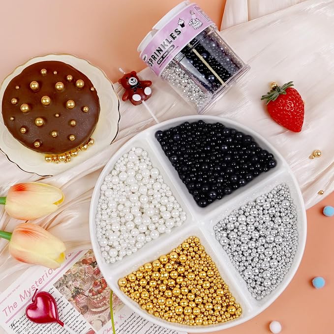 Edible Pearls, Sprinkles for Cake Decorating, Gold Silver White and Black Pearl Sprinkles, Edible Cake Decorations, Cupcake Toppers, Ice Cream Toppings, 110g/3.88oz