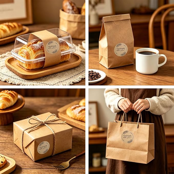 200PCS Handmade with Love Stickers, Vintage Leaf Design Kraft Paper Labels for Baked Goods, Jam Jars, Cookie Bags, Envelope Seals, Small Business Gifts, 1.6 Inch