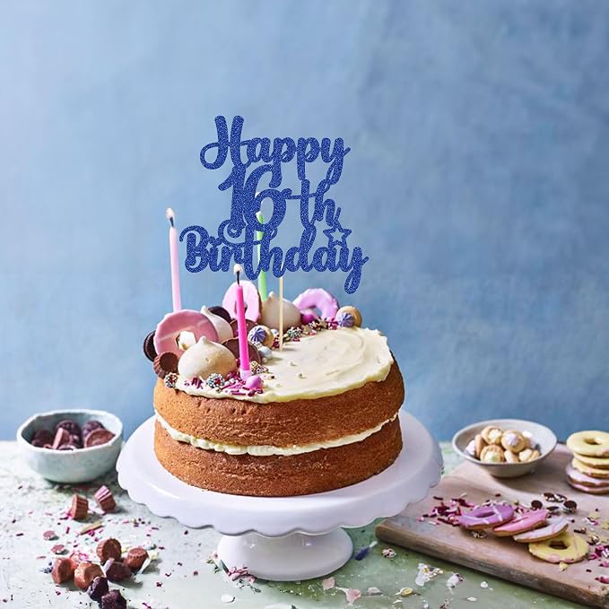 Gyufise 1Pc Happy 16th Birthday Cake Topper Blue Glitter 16 & Fabulous Sweet 16 Birthday Cake Pick for Celebrating 16th Birthday Anniversary Party Cake Decorations Supplies